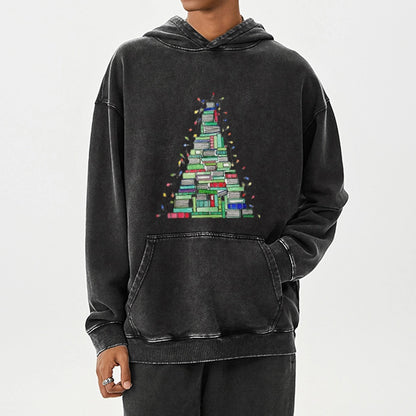 Pagewings Christmas Book Tree Unisex Washed Hoodie