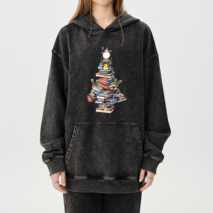 Pagewings Book Christmas Tree Unisex Washed Hoodie