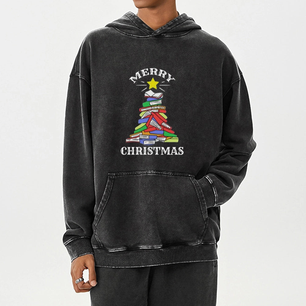 Pagewings Merry Christmas Book Tree Unisex Washed Hoodie