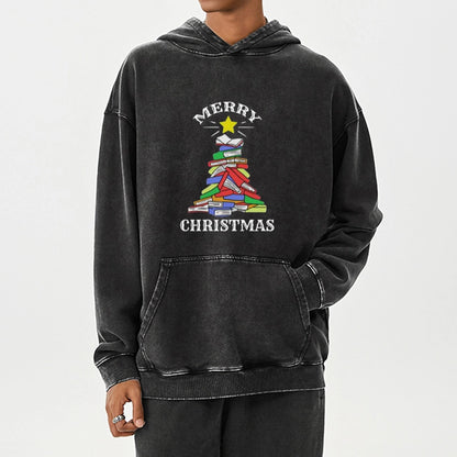 Pagewings Merry Christmas Book Tree Unisex Washed Hoodie