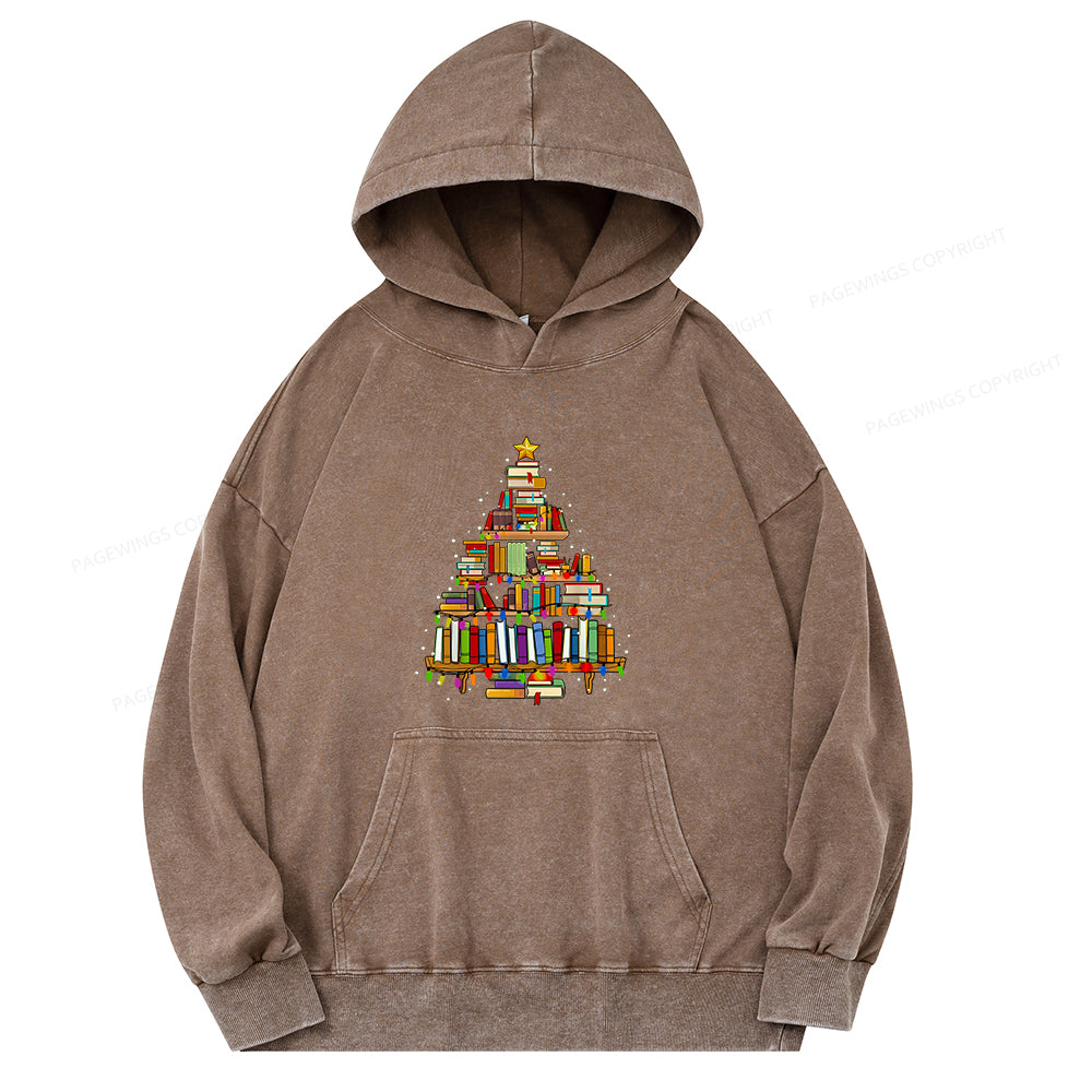 Pagewings Christmas Books Tree Unisex Washed Hoodie