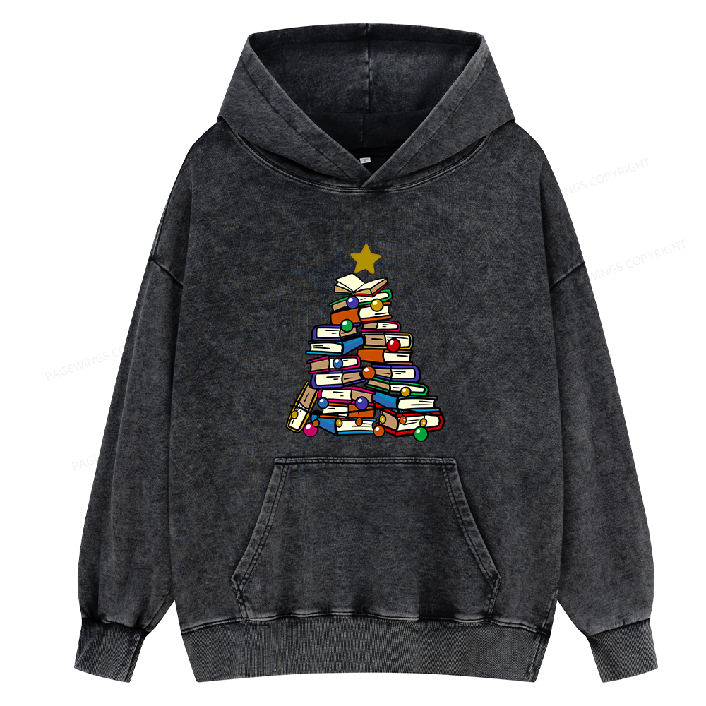 Pagewings Christmas Tree Bookworm Unisex Washed Hoodie