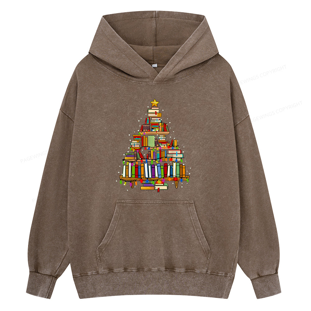 Pagewings Christmas Books Tree Unisex Washed Hoodie