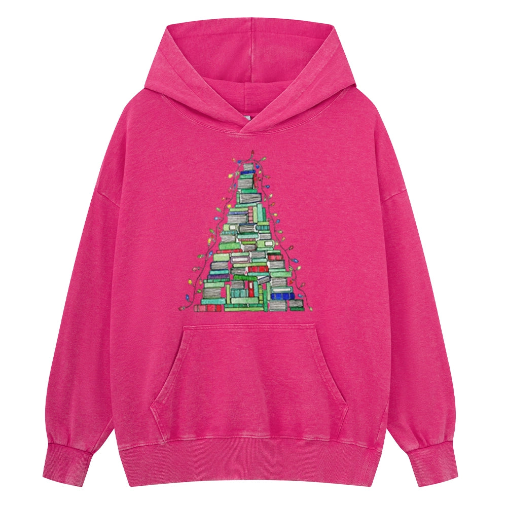 Pagewings Christmas Book Tree Unisex Washed Hoodie