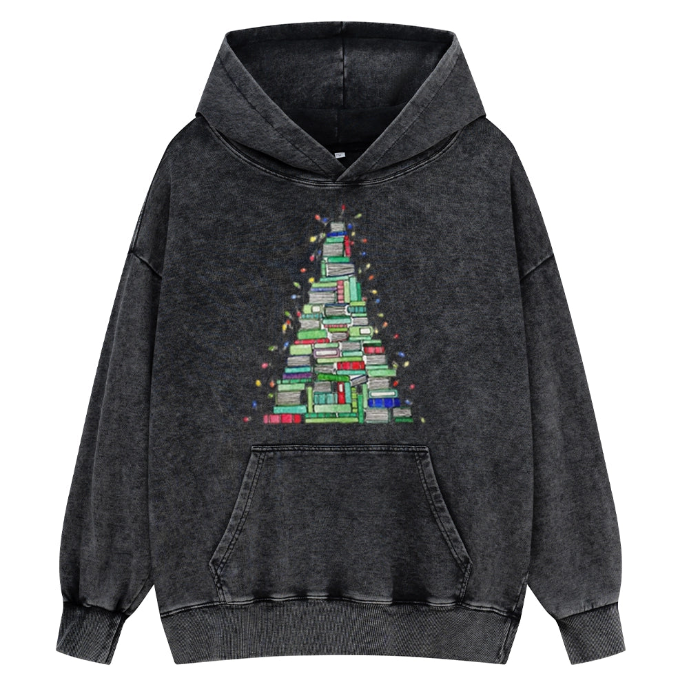 Pagewings Christmas Book Tree Unisex Washed Hoodie