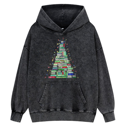 Pagewings Christmas Book Tree Unisex Washed Hoodie