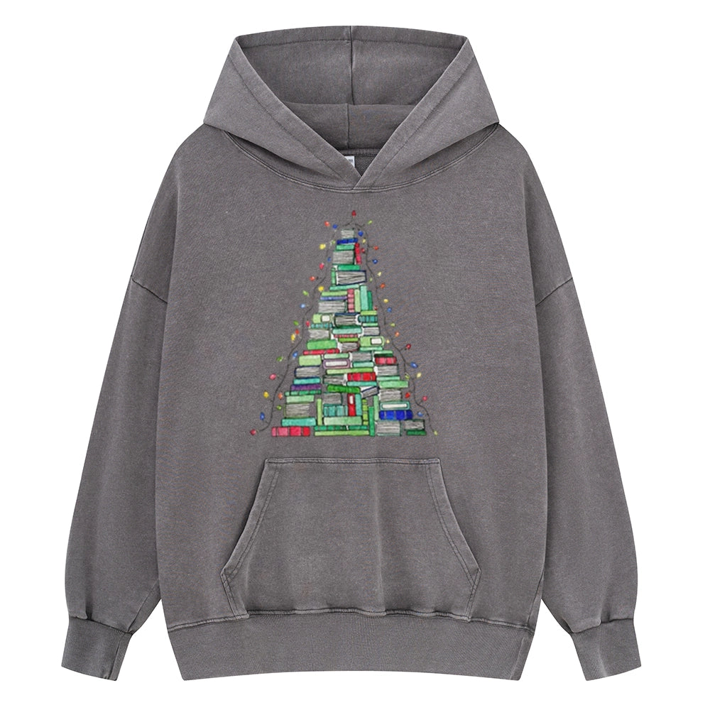 Pagewings Christmas Book Tree Unisex Washed Hoodie