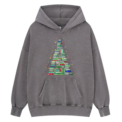 Pagewings Christmas Book Tree Unisex Washed Hoodie