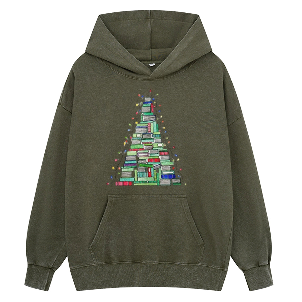 Pagewings Christmas Book Tree Unisex Washed Hoodie