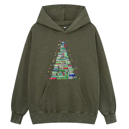 Pagewings Christmas Book Tree Unisex Washed Hoodie