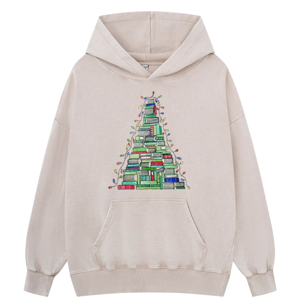 Pagewings Christmas Book Tree Unisex Washed Hoodie