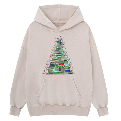 Pagewings Christmas Book Tree Unisex Washed Hoodie