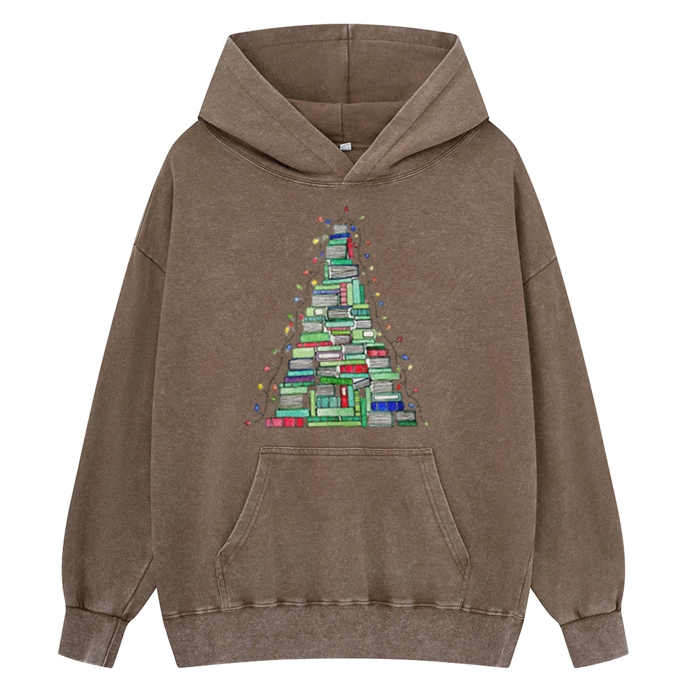 Pagewings Christmas Book Tree Unisex Washed Hoodie