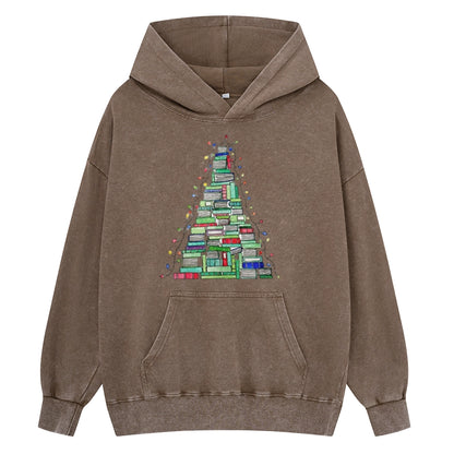 Pagewings Christmas Book Tree Unisex Washed Hoodie