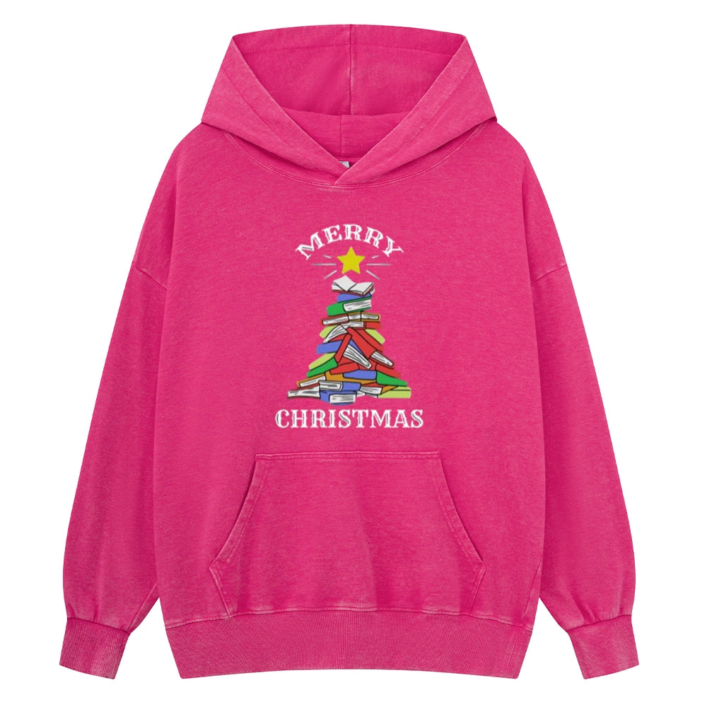 Pagewings Merry Christmas Book Tree Unisex Washed Hoodie