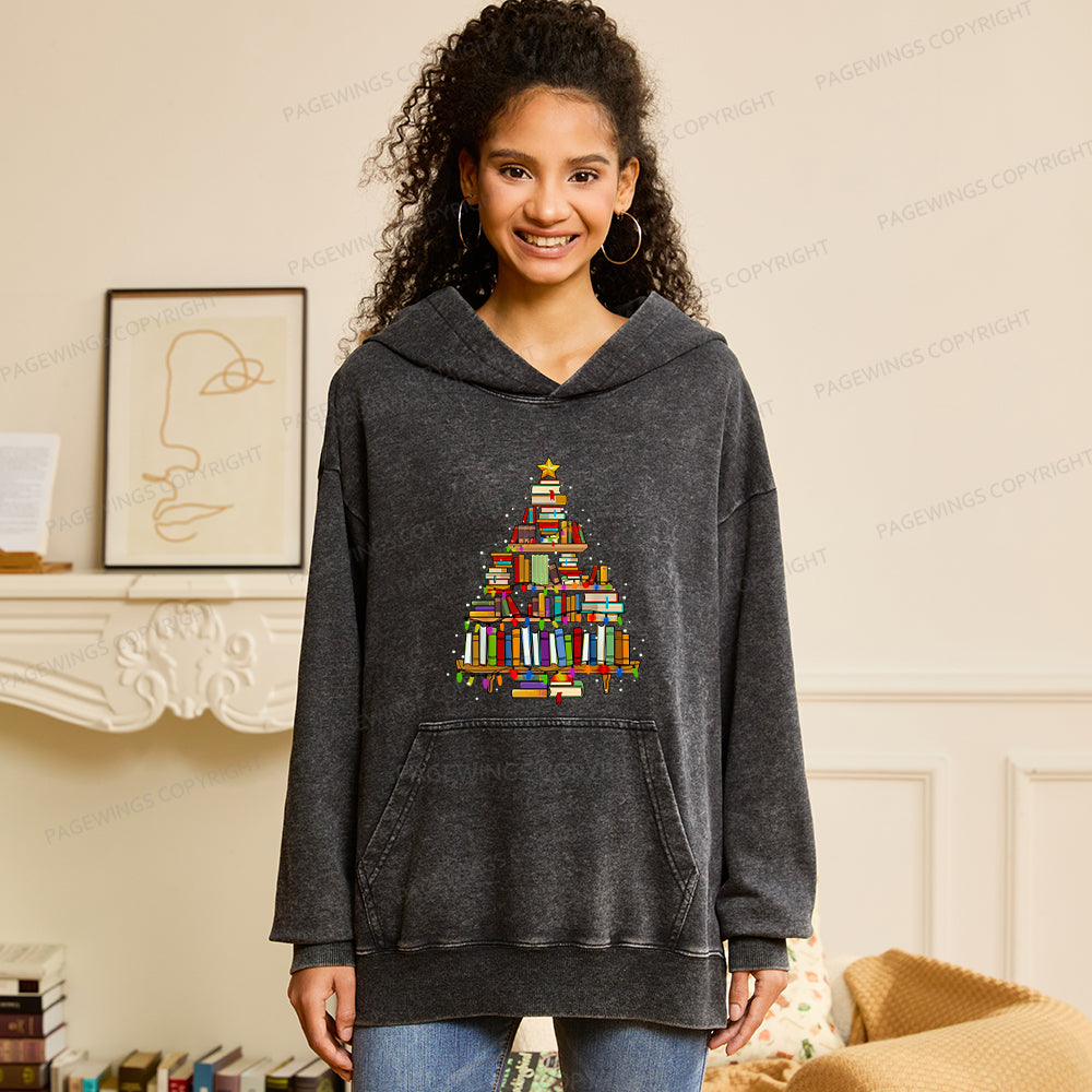 Pagewings Christmas Books Tree Unisex Washed Hoodie