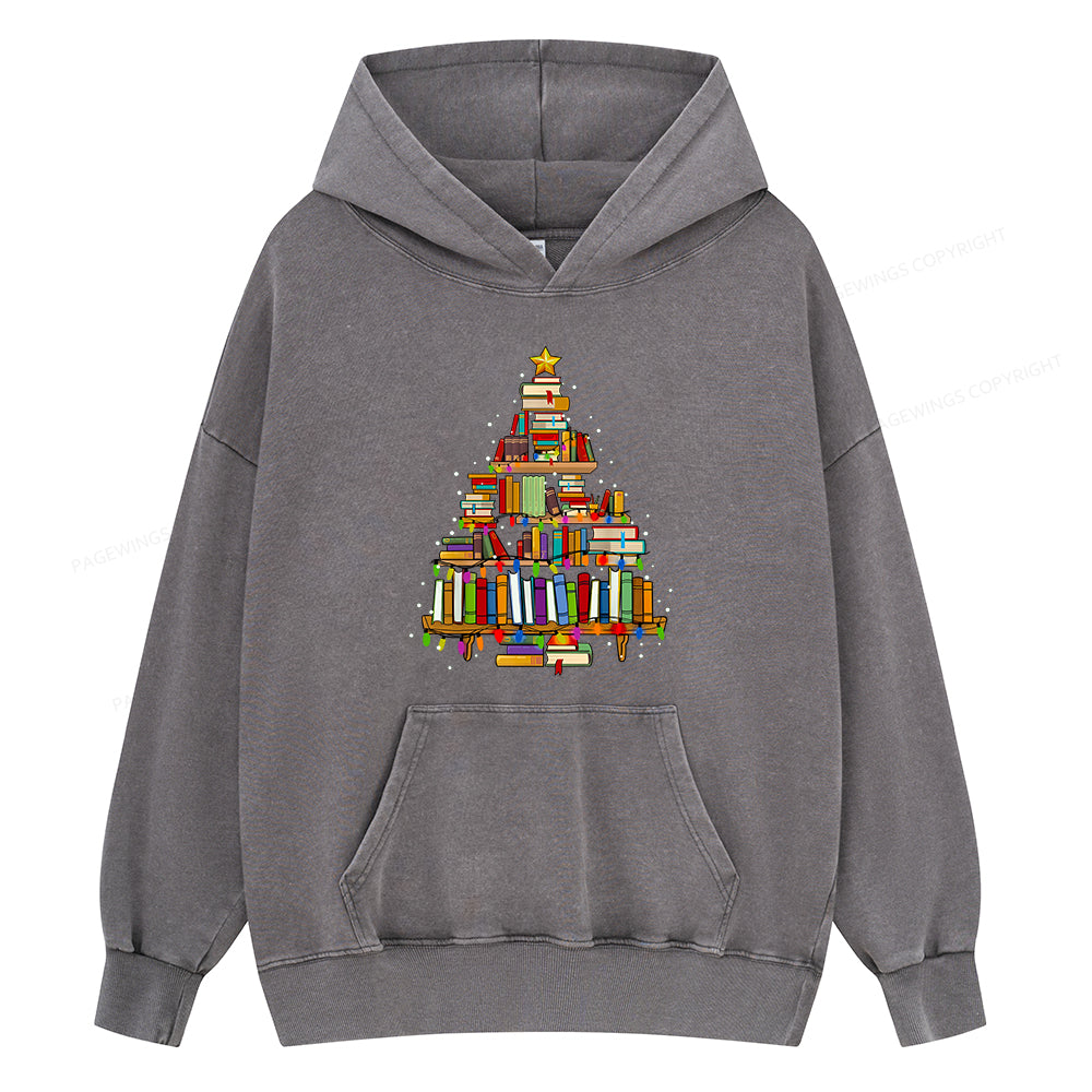 Pagewings Christmas Books Tree Unisex Washed Hoodie