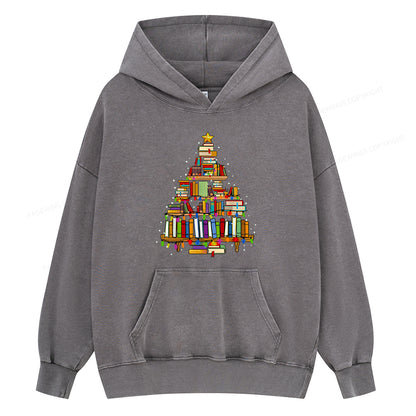 Pagewings Christmas Books Tree Unisex Washed Hoodie