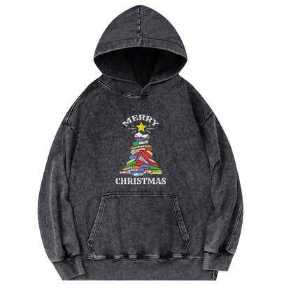 Pagewings Merry Christmas Book Tree Unisex Washed Hoodie