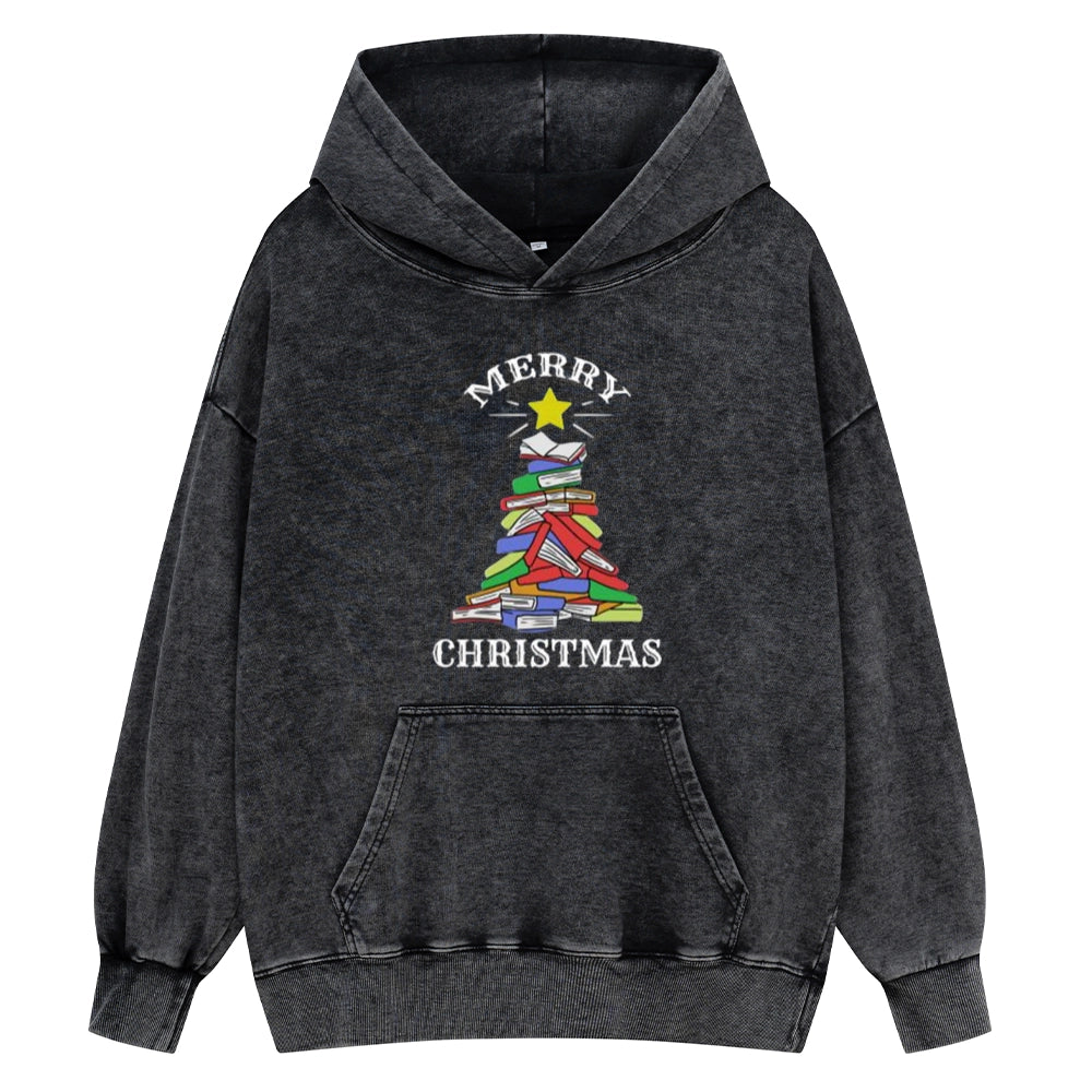 Pagewings Merry Christmas Book Tree Unisex Washed Hoodie
