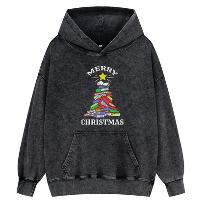 Pagewings Merry Christmas Book Tree Unisex Washed Hoodie