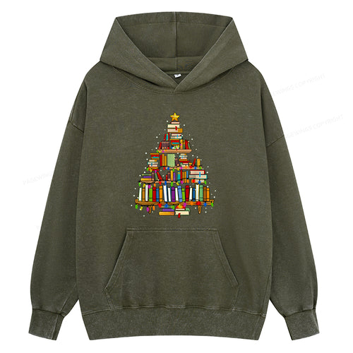 Pagewings Christmas Books Tree Unisex Washed Hoodie
