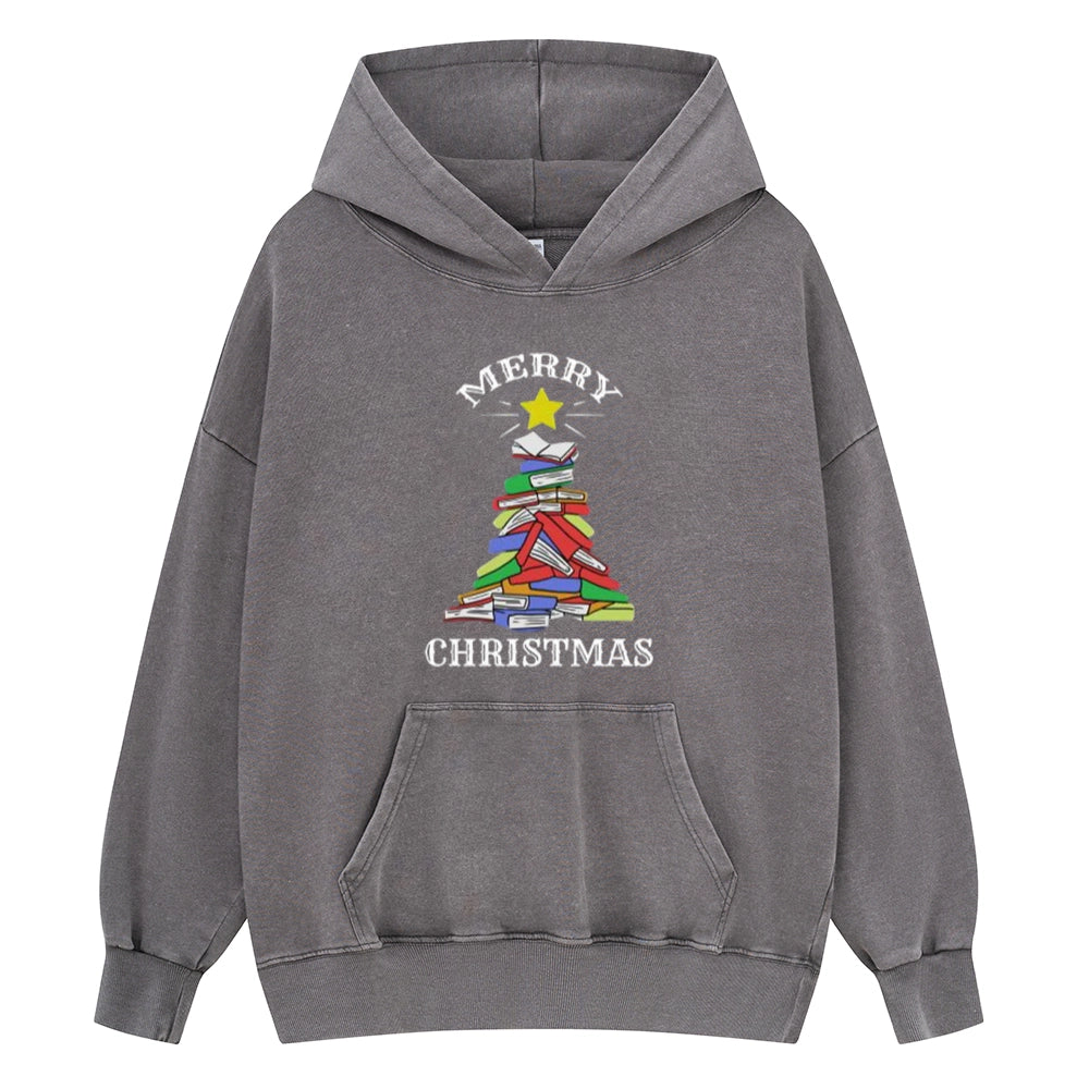 Pagewings Merry Christmas Book Tree Unisex Washed Hoodie