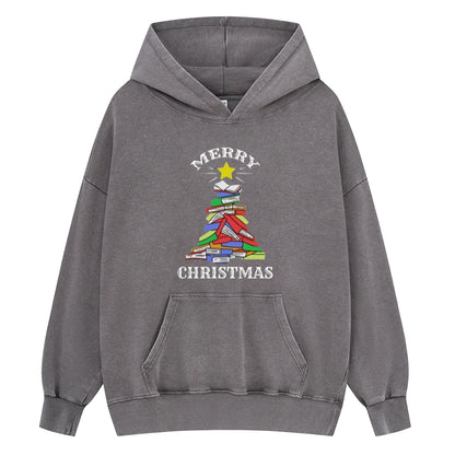Pagewings Merry Christmas Book Tree Unisex Washed Hoodie