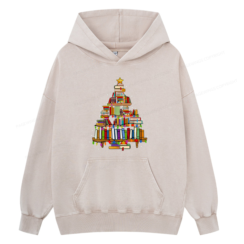 Pagewings Christmas Books Tree Unisex Washed Hoodie