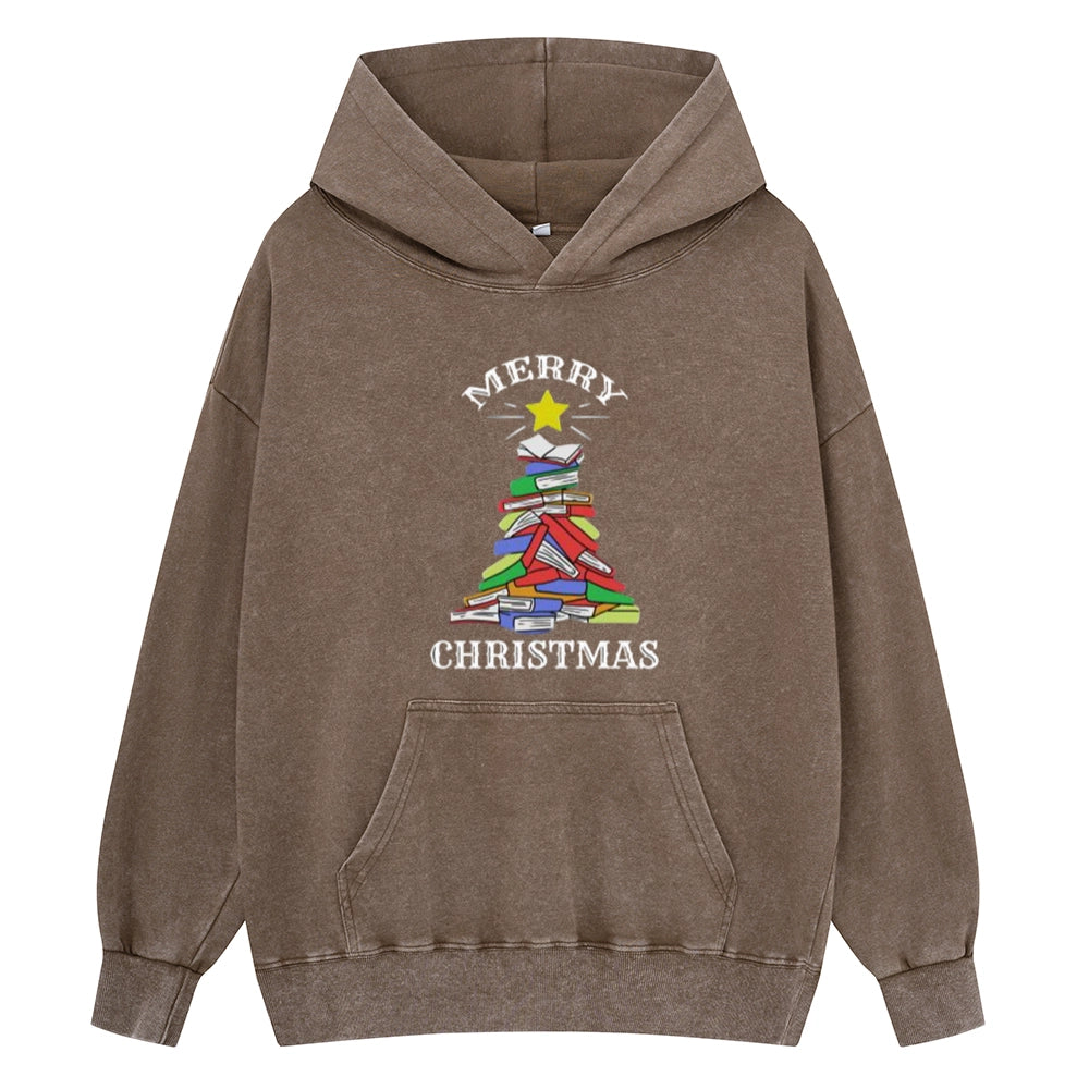 Pagewings Merry Christmas Book Tree Unisex Washed Hoodie