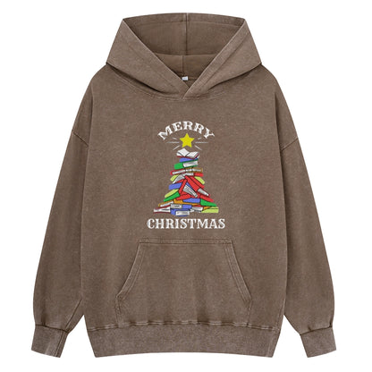 Pagewings Merry Christmas Book Tree Unisex Washed Hoodie