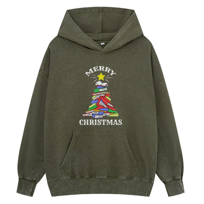 Pagewings Merry Christmas Book Tree Unisex Washed Hoodie