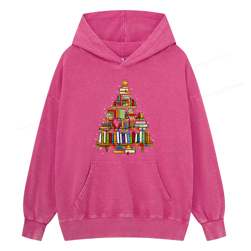 Pagewings Christmas Books Tree Unisex Washed Hoodie