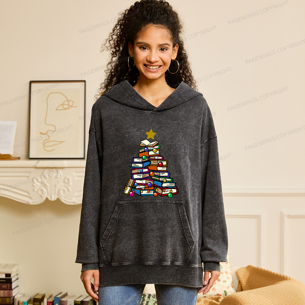 Pagewings Christmas Tree Bookworm Unisex Washed Hoodie